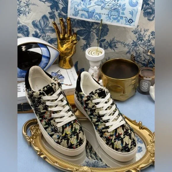 🆕 KURT GEIGER LONDON 🧿 NWOB Laney Eye Gold Rainbow Tweed Sneaker, Sz 37 US 7 - Picture 3 of 14